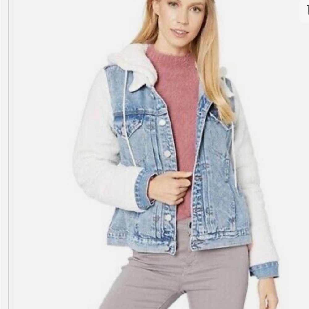 BlankNYC denim Sherpa jacket with removable hood size xs